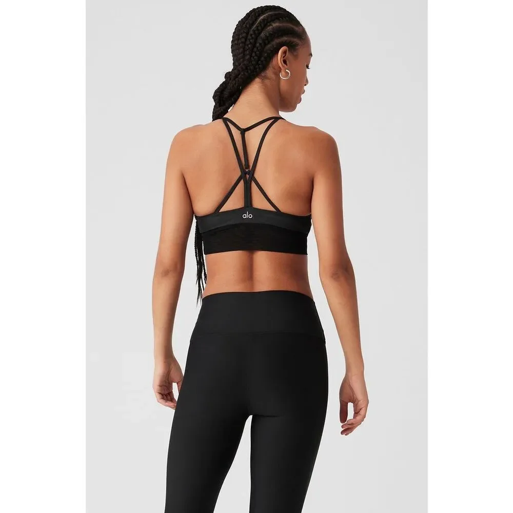 Alo Yoga Lavish Bra Bralette Strapped Mesh Band Glossy Black Lurex Shine Size XS